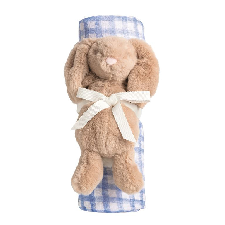 Blue Check Bunny Swaddle + Rattle