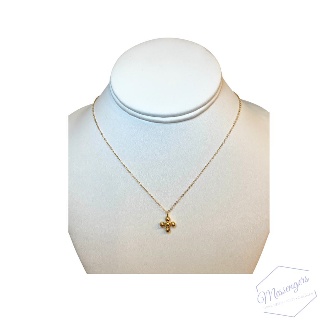16" Necklace Gold - Classic Beaded Signature Cross Gold Charm - 4mm Bead Gold