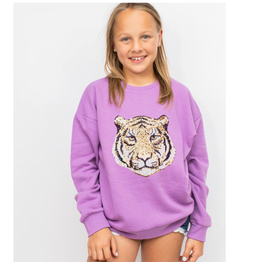 Youth Tiger Face Sequin Sweatshirt