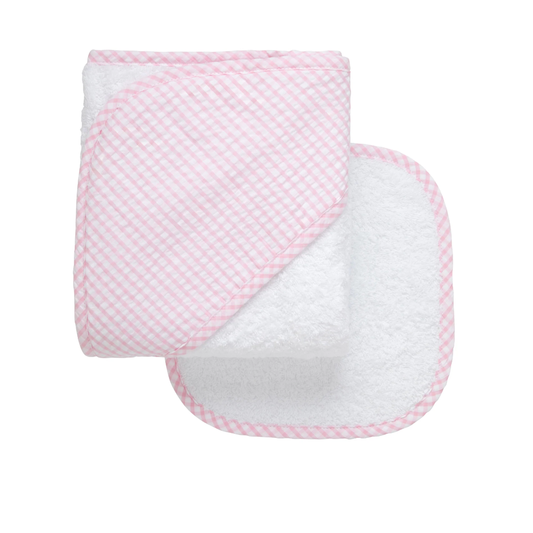 Big Check Baby Hooded Towel & Washcloth Set: PINK