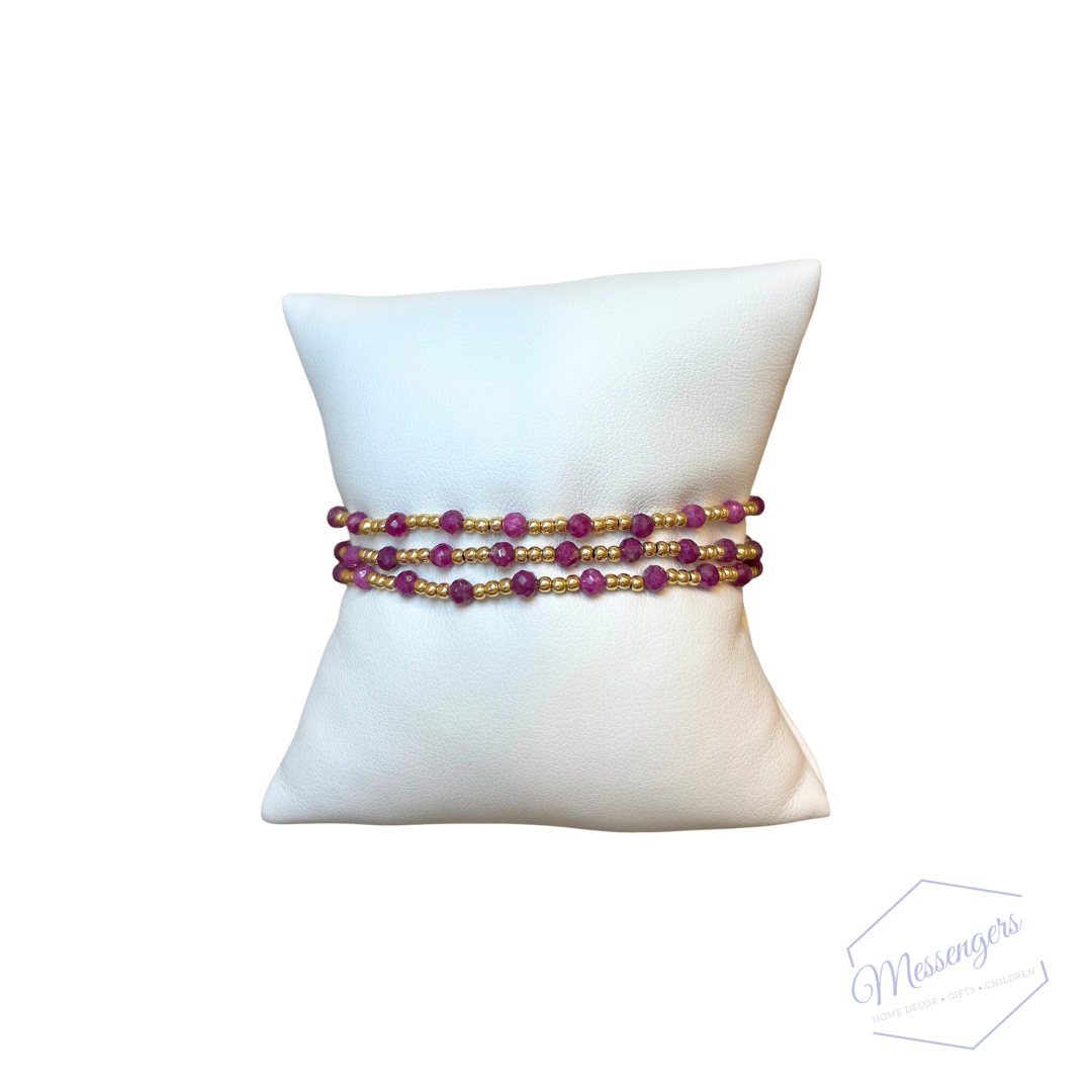 Gemstone Gold Sincerity Pattern 3mm Bead Bracelet - Ruby