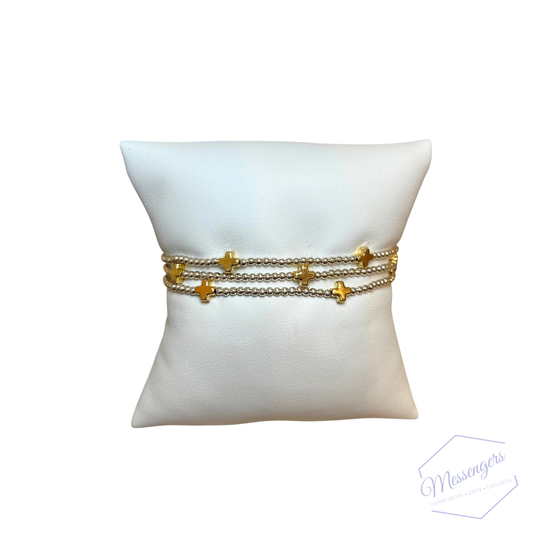 Signature Cross Small Sterling Mixed Metal Pattern - 2mm Bead Bracelet - Gold