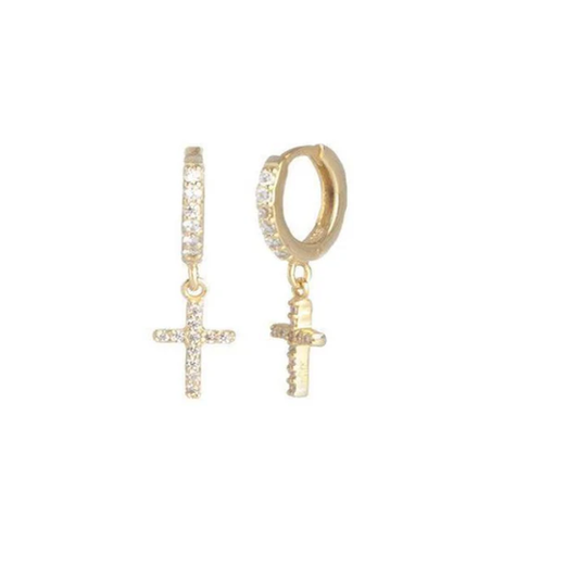 Pave Huggie + Cross Drop Earrings