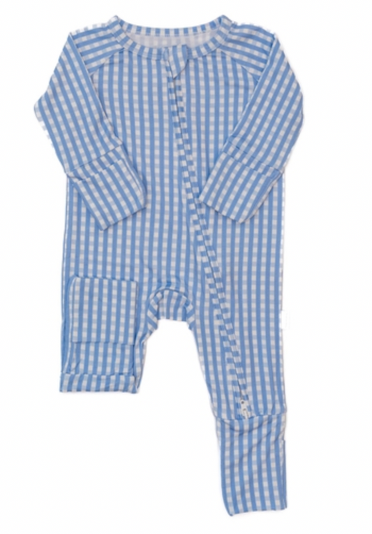 Blue Gingham Sleep Romper: