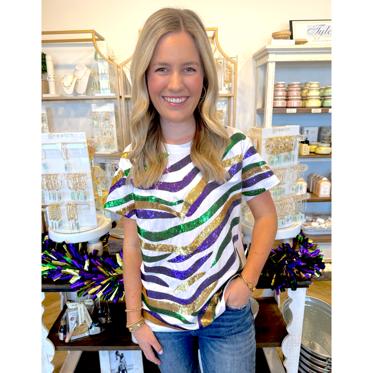 Mardi Tiger Stripe Sequin: White