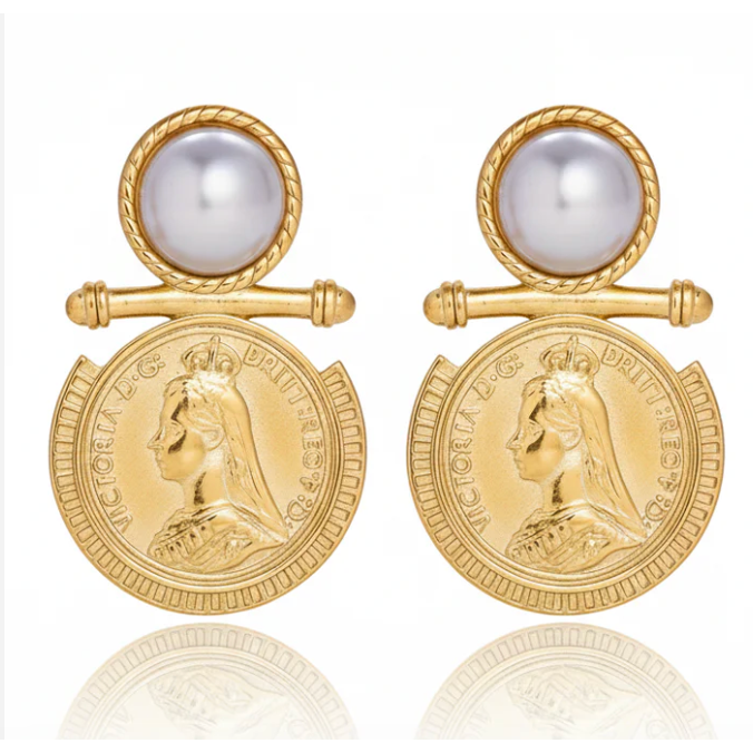 Queen Victoria Coin Pearl Earrings
