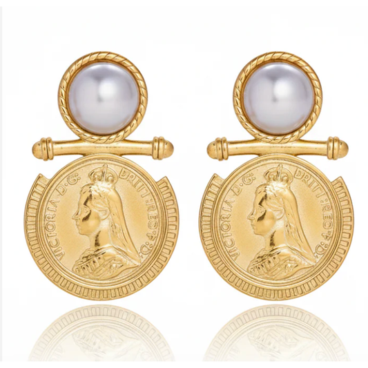 Queen Victoria Coin Pearl Earrings