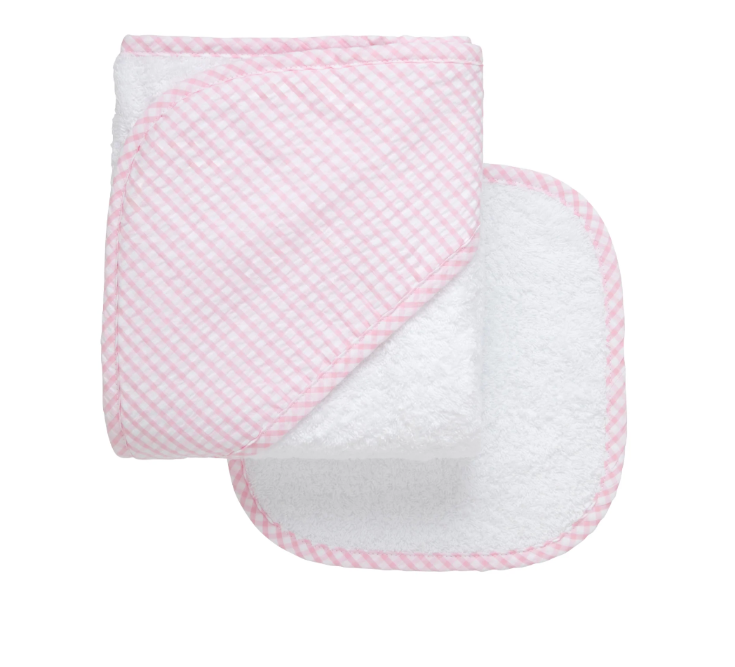 Big Check Baby Hooded Towel & Washcloth Set: PINK