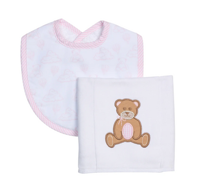 Pink Bear Bib + Burp Cloth Set
