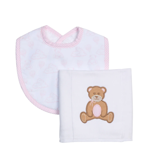 Pink Bear Bib + Burp Cloth Set