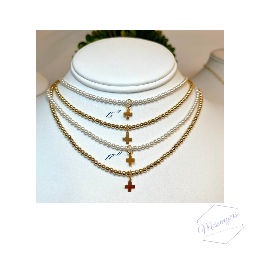 15" Choker Classic Pearl - 3mm Bead - Signature Cross Gold Charm