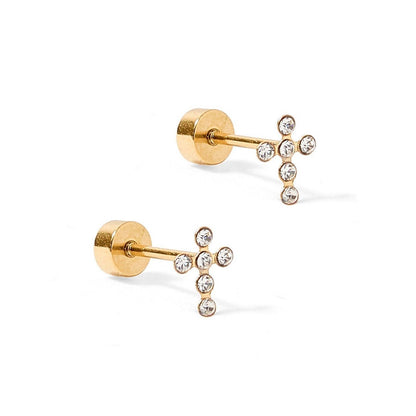 Screwback Stud Earrings - Clara Cross Gold Sparkle