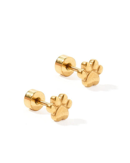 Screwback Stud Earrings - Paw Print Gold